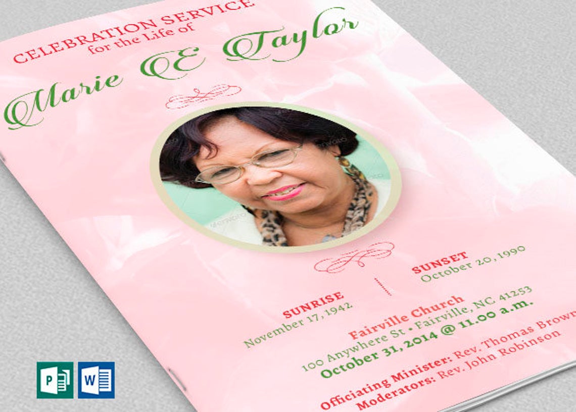 Pink Rose Funeral Program Publisher Word Template 8 Pages