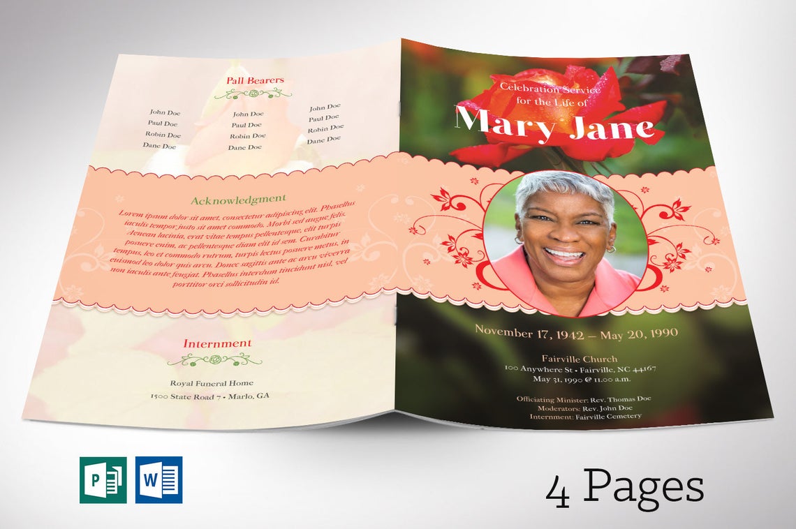 Rose Funeral Program Word Publisher Template 4 Pages