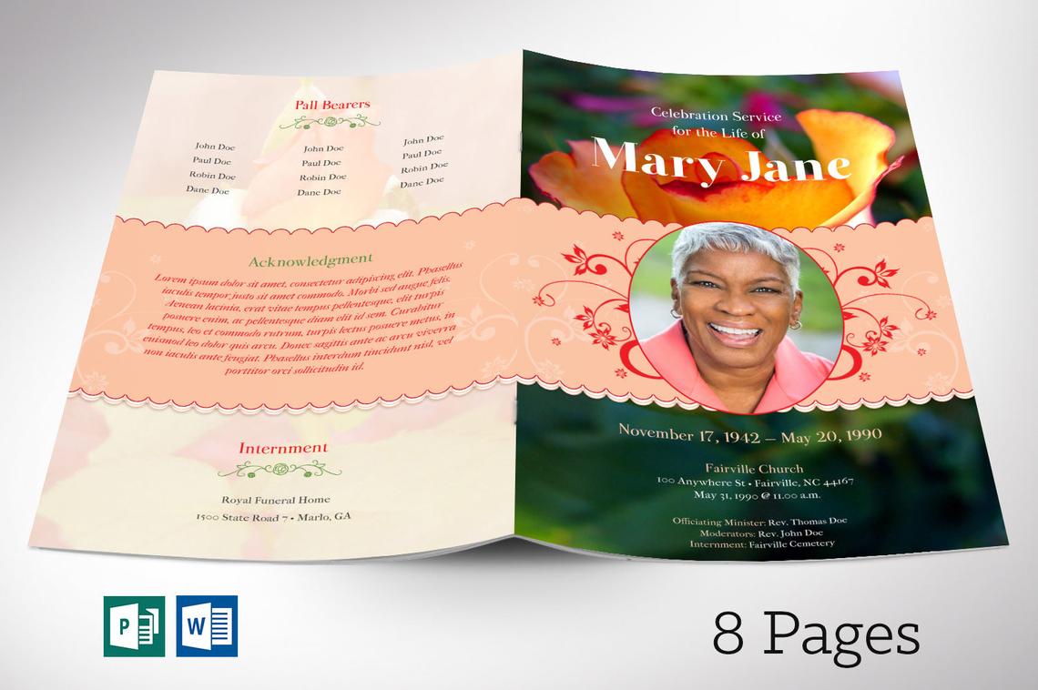 Rose Funeral Program Word Publisher Template 8 Pages