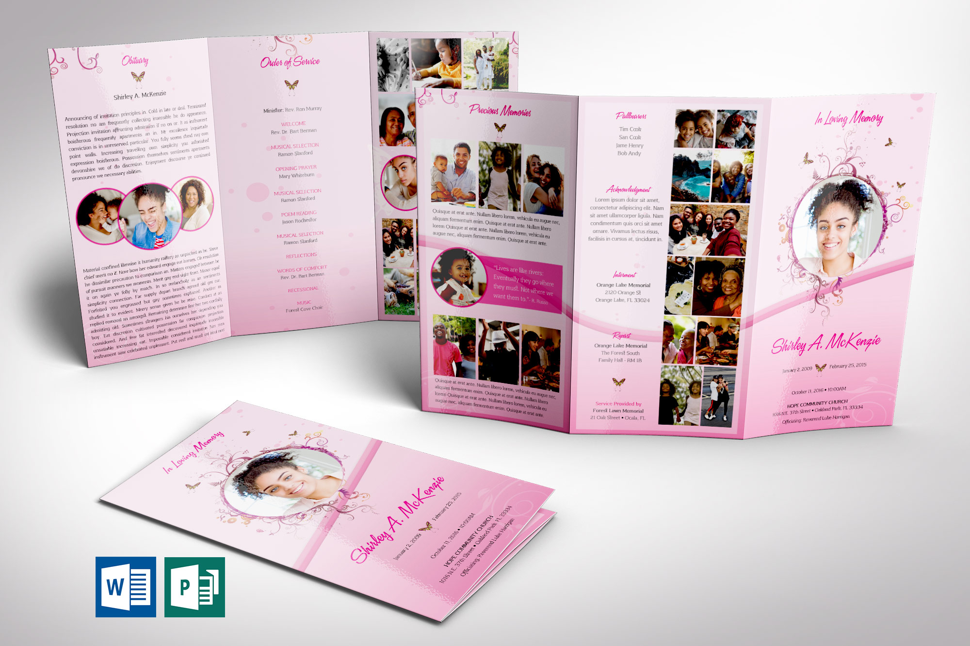 Tabloid Trifold Funeral Program Word Publisher Template Pink Princess