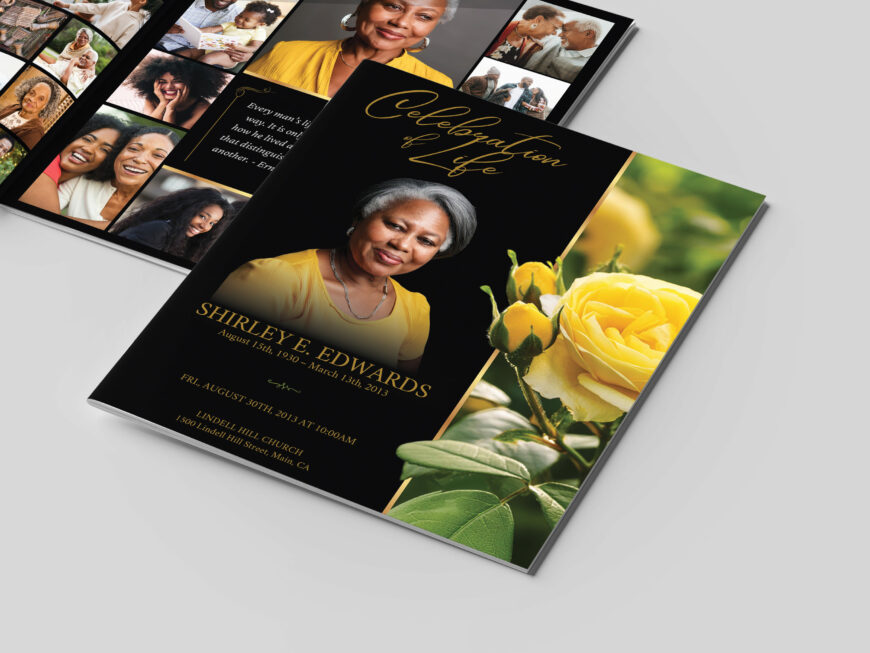 Yellow Rose Funeral Program Template for Canva, Black Gold, US Legal, Celebration of Life, Obituary Template for Women, 8 Page, 7x8.5 inches