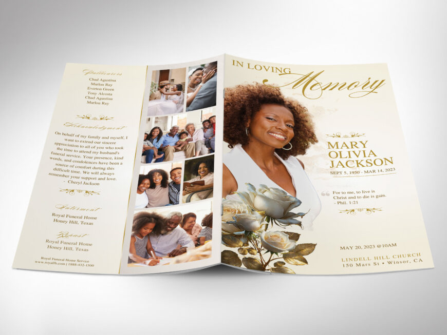 Classic Rose Funeral Program Template, Canva, Beige Gold, Magazine-Style, Obituary Template, Celebration of Life, 8 Pages, 5.5x8.5 in