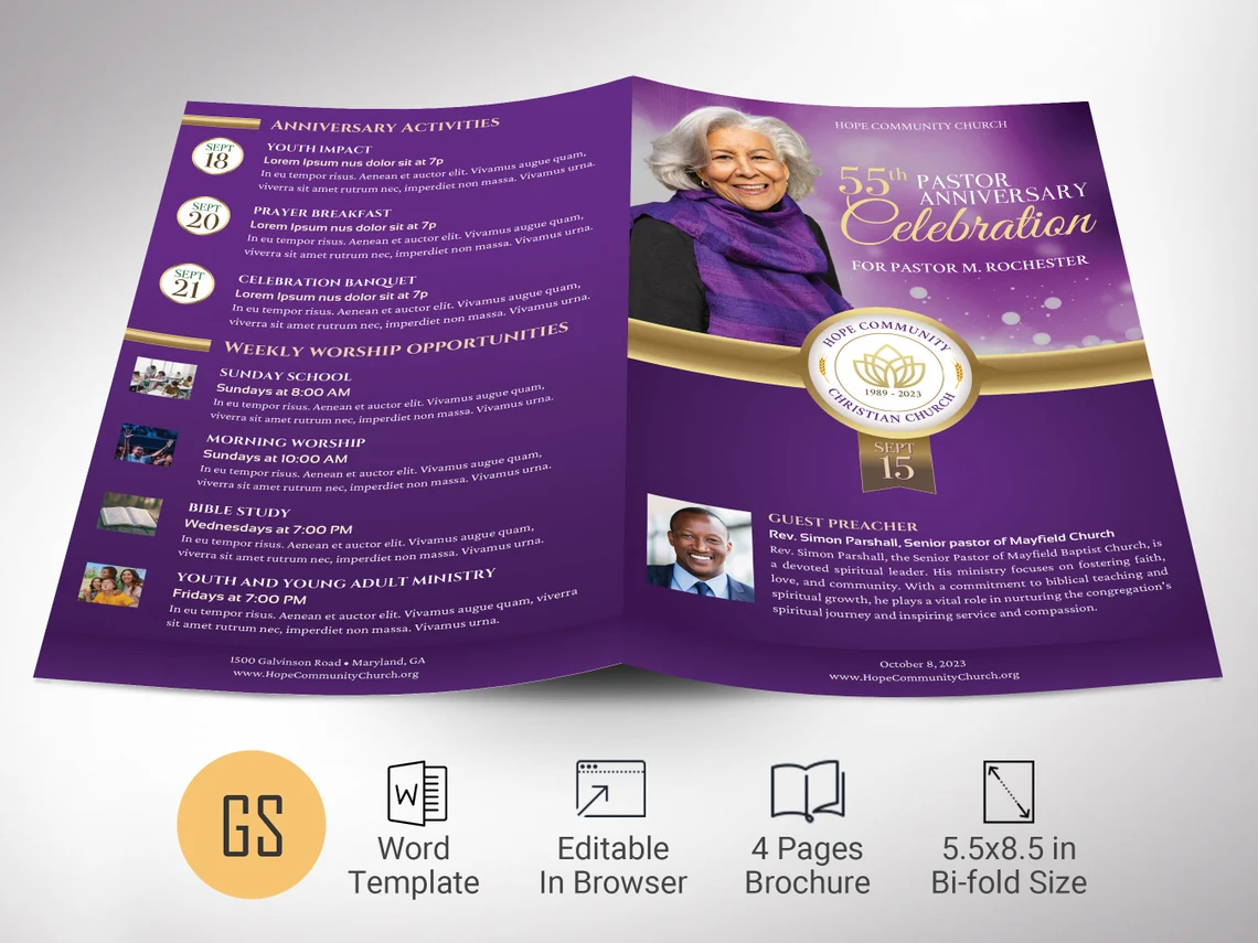 Pastor Anniversary Program Template for Canva, Purple Gold, Church Anniversary, Pastor Appreciation, Banquet Program, 4 Pages, 5.5x8.5 in