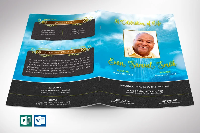 Blue Sky Funeral Program Template, Word Template, Publisher, Celebration of Life, Order of Service, 8 Pages, 5.5x8.5 in