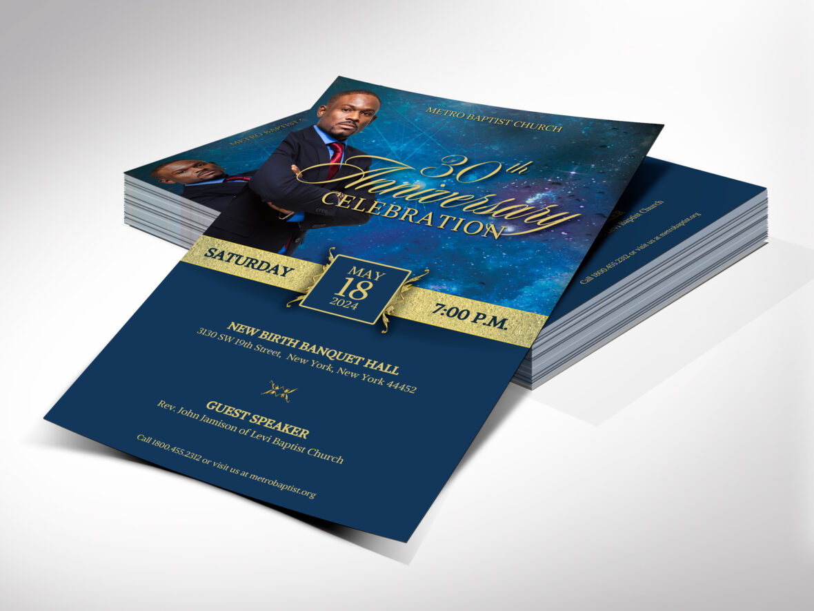 Church Anniversary Banquet Flyer Template for Canva - Blue and Gold