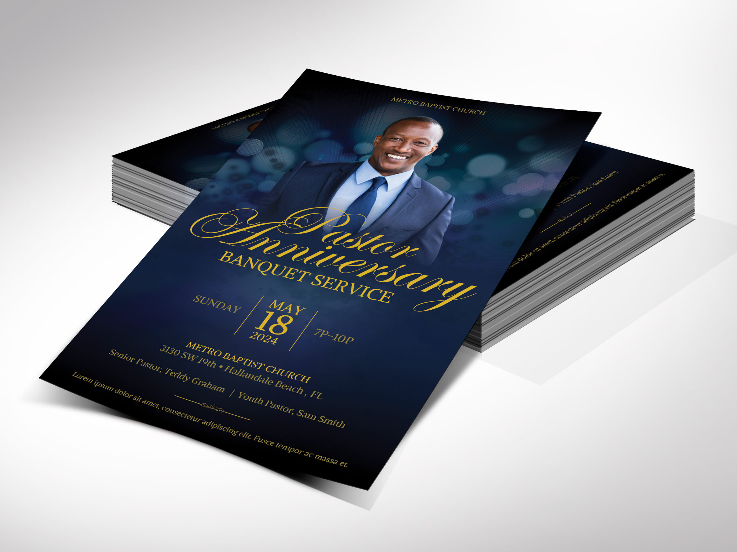 Pastor Anniversary Banquet Flyer Template for Canva, Blue Gold, Pastor Appreciation, Church Invitation, Gala, Fundraiser Event, 2 Sizes