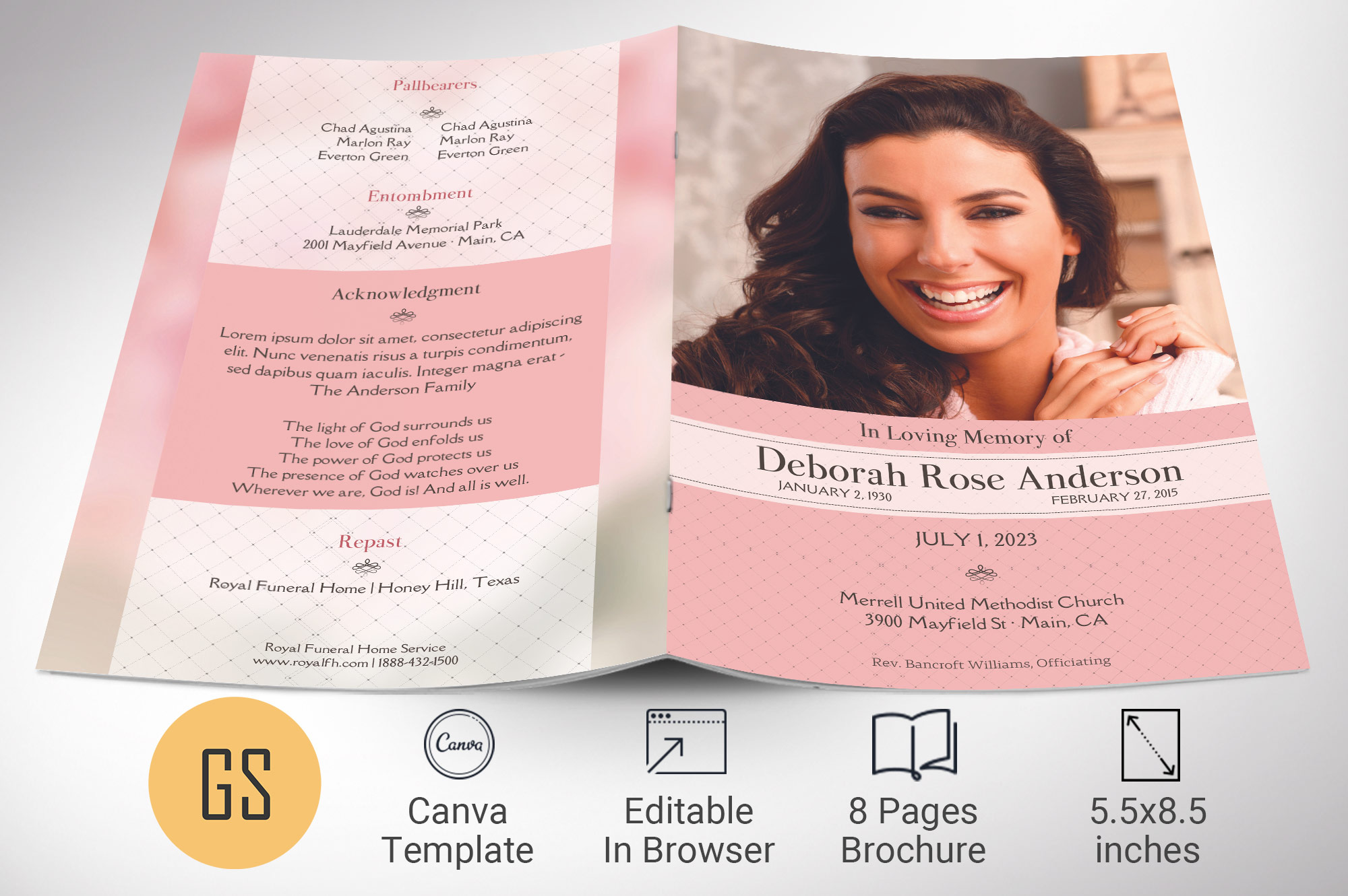 Glamour Funeral Program Template for Canva, Pink White, Celebration of Life, Obituary Program, Women's Obituary Template, 8 Pages, 5.5x8.5