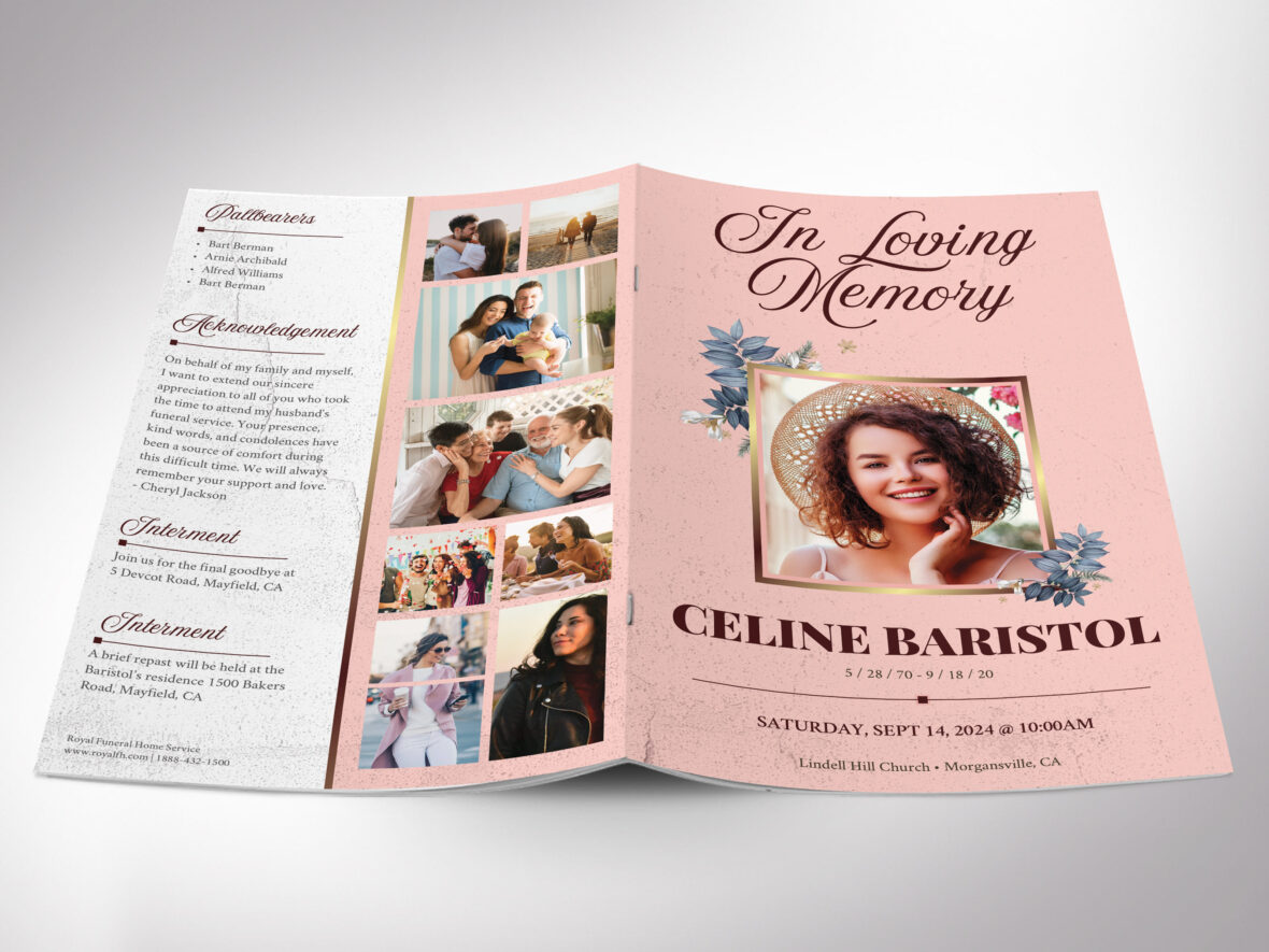 Floral Funeral Program Template for Canva, Rose Gold & Blue, Celebration of Life, Women's Obituary Template, 8 Pages, Small 5.5x8.5 inches