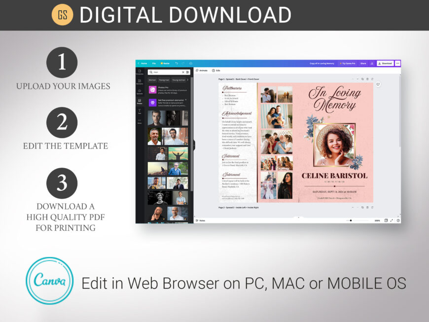 Floral Funeral Program Template, Canva, 8 Pages