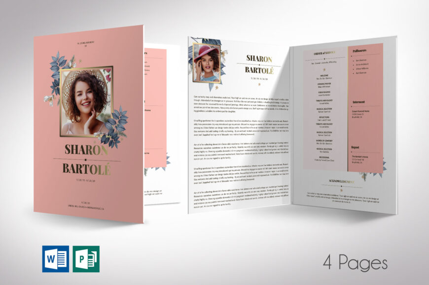 Floral Funeral Tabloid Program Template Set, Word and Publisher, Rose Gold, Celebration of Life, Women's Obituary Template, 4 Pages, 11x17