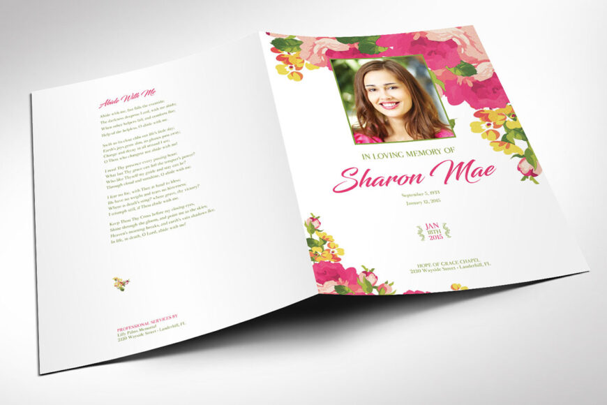 Pink Watercolor Tabloid Funeral Program Template Set, Word and Publisher, Celebration of Life, Women's Obituary Template, 4 Pages, 11x17 in