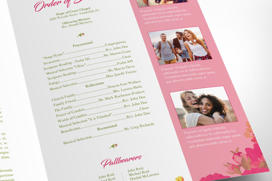 Pink Watercolor Tabloid Funeral Program Template Set